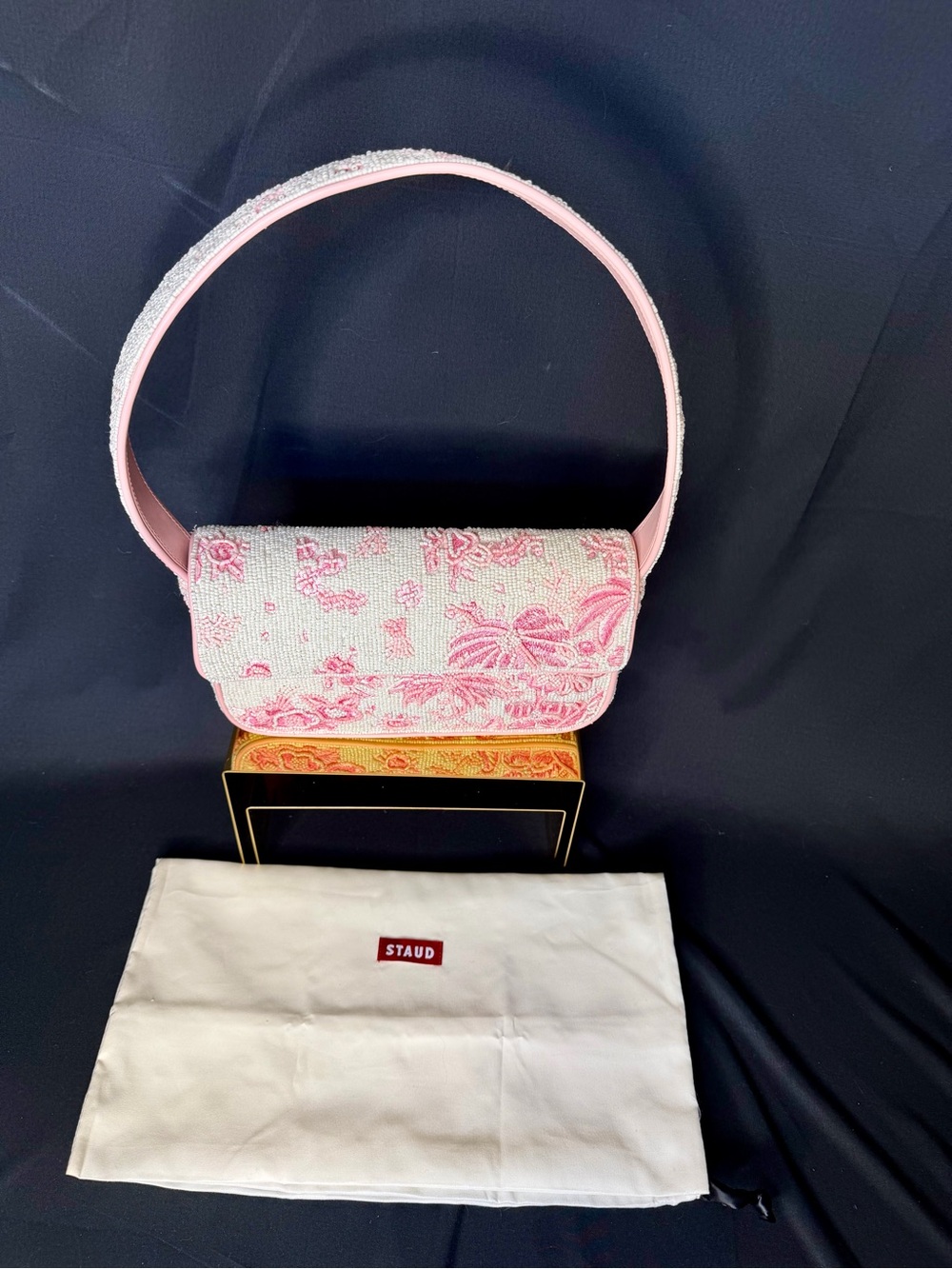 STAUD Pink & Cream Floral Beaded Shoulder Bag